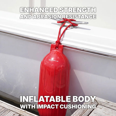 Complete Boat Fender Package With Four Red 8.5 Inch By 27 Inch Bumpers hanging on a boat.