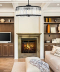Chelsea Collection 10-Light Pendant Lamp With Royal Cut Crystals And Mocha Brown Finish suspended over a cozy living room.