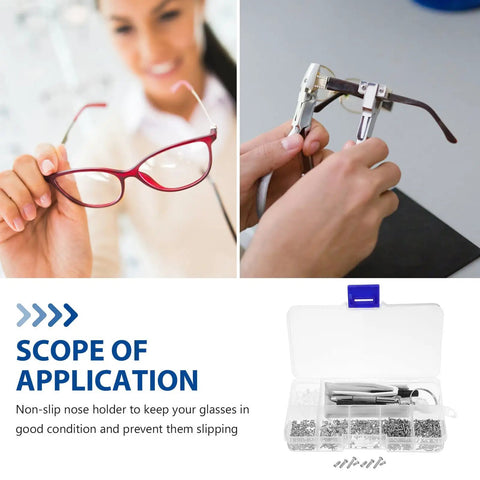 Eyeglass Repair Kit With 527 Replacement Screws And Nose Pads Gotta Have Precision Screwdriver Set For Sunglasses And Eyeglasses Maintenance Anti Slip Nose Pads Cleaning Cloth Durable DIY Tool Kit For Quick Fixes in use and packaging