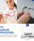 527 Piece Eyeglass Repair Kit with glasses screws, tiny screwdriver, tweezers, cleaning cloth, portable case in use and box view
