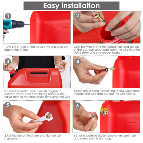 Installation guide for Gas Can Vent Caps Three Pack Universal Vent Kit For Fuel Tanks And Water Jugs with step-by-step images