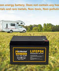 12V 12Ah LiFePO4 Deep Cycle Battery with Built In 12A BMS for solar power and RV in background