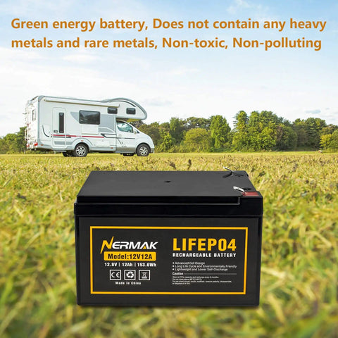 12V 12Ah LiFePO4 Deep Cycle Battery with Built In 12A BMS for solar power and RV in background