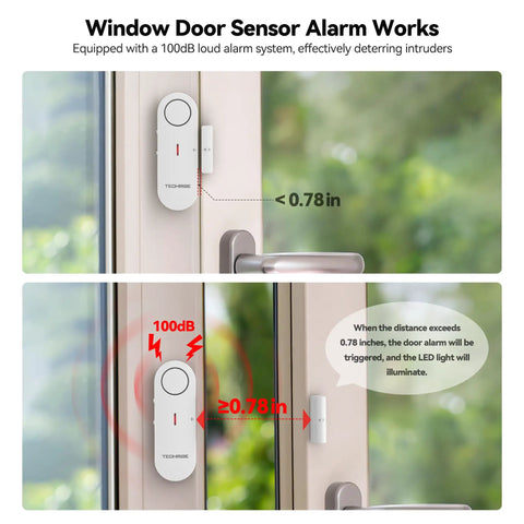 2-In-1 Alarm And Chime Door Sensor With Easy Install, Three-Stage Volume Control, Quick Alarm For Doors And Gates, Ideal For Pool Safety, Kids, Pets And Home Security, 3-Pack mounted on a window door frame, 100dB alert, white plastic