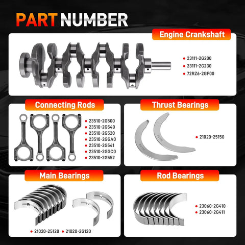 Super Reliable 2.4L Engine Crankshaft Connecting Rods And Bearings Kit Fits Perfect On Hyundai Santa Fe Sport Sonata Tucson And Kia Sorento Optima Sportage Like A Glove For Easy Replacement engine parts illustration.