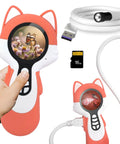 Kid Friendly Grab And Go Microscope Camera Kit With Endoscope Dual Cameras, Pocket Mini Digital Microscope For Boys And Girls, Autofocus Educational Toy For Christmas Birthday, Easy To Use Science Kit For Ages 3 5 7 8 12 Fox shown with USB cable and 16GB card