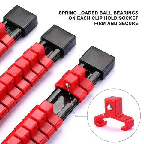 Close-up of red clips on Six Piece Three Eighths Inch Drive Socket Organizer Rails Set With SAE And Metric Holder Rails In Red