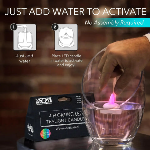 Color Changing Lumizu Water Activated LED Floating Candles Four Pack For Poolside Tables And Outdoor Ambiance Lit Multi Color Glow Battery Powered Flicker Without A Wick candle being activated by water in a bowl.