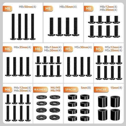 Tv Wall Mount Hardware Kit with M4 M5 M6 M8 bolts, washers, and spacers, VESA ready for 80 inch displays, black components layout.