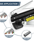 Heavy Duty Workhorse MC Cable Cutter Adjusts 3/16 To 7/10 Inches Nips BX AC MCAP And Greenfield Cable Cleanly shown cutting AC and MC cables.