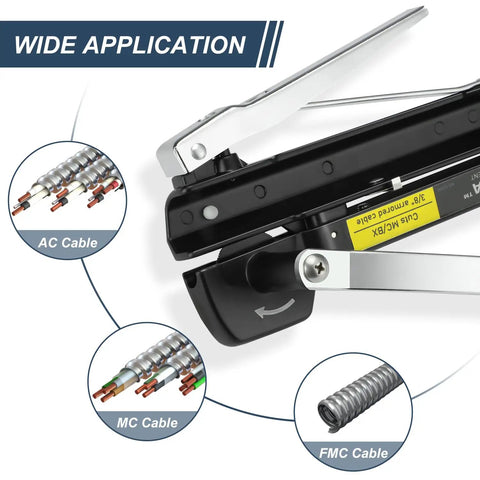 Heavy Duty Workhorse MC Cable Cutter Adjusts 3/16 To 7/10 Inches Nips BX AC MCAP And Greenfield Cable Cleanly shown cutting AC and MC cables.