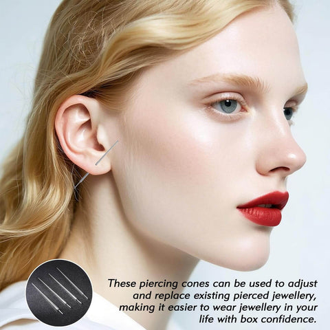 Woman using 4Pcs Piercing Taper Set For No Fuss Easy Jewelry Changes 14G 16G 18G 20G Threadless Insertion Tools in ear piercing