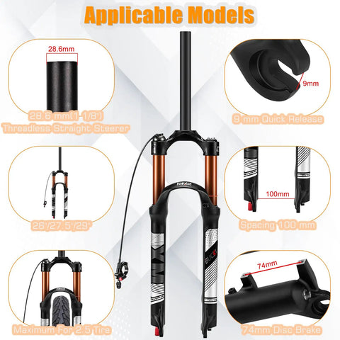 Travel 120mm Air Suspension Fork For Mountain Bikes With Rebound Adjust Manual And Remote Lockout One Eighth Inch Straight Or Tapered Steerer 9mm QR Disc Brake Compatible Ultralight XC AM Front Fork diagram