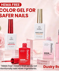 Dusky Rose Gel Nail Polish Set with pink and red shades, HEMA free base coat and top coat, bottles displayed with pink roses.
