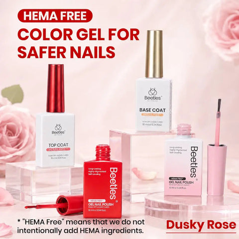 Dusky Rose Gel Nail Polish Set with pink and red shades, HEMA free base coat and top coat, bottles displayed with pink roses.