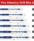 Image showing 10-piece Cross-Tip Carbide Masonry Drill Bit Set with sizes from 5/32 to 1/2 inch, suitable for tile, concrete, brick, wood.