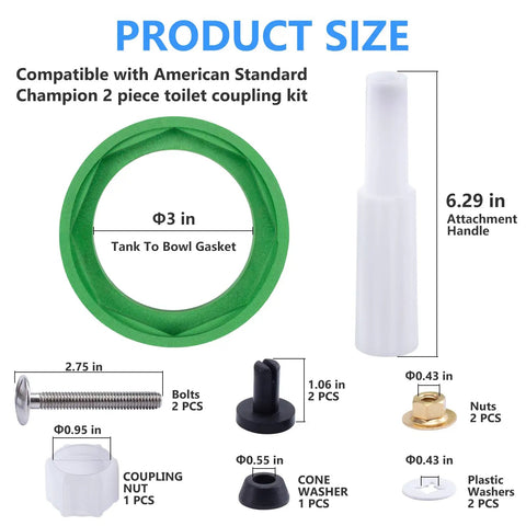 Tank To Bowl Gasket Kit For Champion 4 Toilet Repair Heavy Duty Seal To Stop Leaks Easy Install Replacement For AS738756-0070A Toilet Tank Gasket Ring For Worn Cracked Or Aging Couplings. 3-inch gasket with bolts, nuts, washers and handle