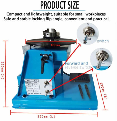 Automatic Rotary Welding Positioner Rock Solid Cast Iron Base Built Tough showing dimensions, switches, and compact design for stability.