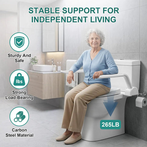 Rock Solid White Toilet Safety Rails With Heavy Duty Non Slip Handles For Seniors And Mobility Aid Bathroom Assist Support Grab Bar Easy Wipe Anti Tip Design with user seated.