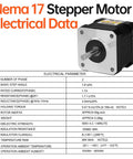 Product label showing technical data for 5 Pack Nema 17 Stepper Motors 2 Phase 1.8 Degree 0.47Nm High Torque Bipolar 38mm 1.7 Ohm 1.7A.