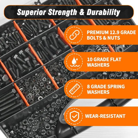 Badass Heavy Duty 12.9 Grade Metric Hex Bolt And Nut Assortment Kit With Rugged Spring And Flat Washers 960 Piece Pro Level Hardware Set displaying organized bolts and washers.