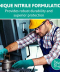 Worker handling machinery wearing Disposable Nitrile Gloves Size Large For Chemical Splash Protection Ambidextrous Unlined Chlorinated