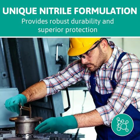 Worker handling machinery wearing Disposable Nitrile Gloves Size Large For Chemical Splash Protection Ambidextrous Unlined Chlorinated