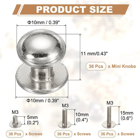 Killer 36 Pack Mini Drawer Pulls And Small Silver Cabinet Knobs With Sturdy Screws For Vintage Furniture Makeover 36 silver mini knobs with size details.