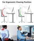 Diagram and photos showing ergonomic benefits of Go To Adjustable Desk Monitor Stand With Laptop Riser And Under Desk Storage.