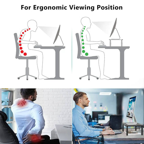 Diagram and photos showing ergonomic benefits of Go To Adjustable Desk Monitor Stand With Laptop Riser And Under Desk Storage.