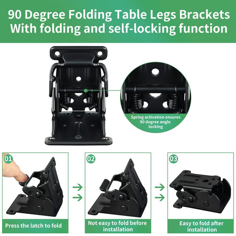Four Pack Folding Table Leg Brackets Adjustable Zero To Ninety Steel Hinges For Workshop Tables Desks Rust Proof Black Finish Holds Five Hundred Pounds Each Dang Sturdy Hardware, showing folding and self-locking mechanism.