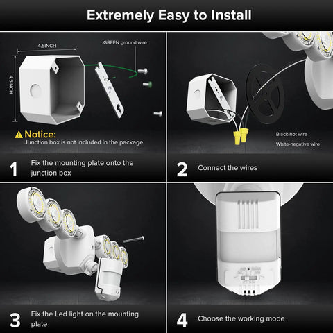 Installation steps for Ultra Bright 45W 6000LM Motion Sensor Outdoor LED Flood Lights 5000K Daylight 600W Equiv, four steps shown.