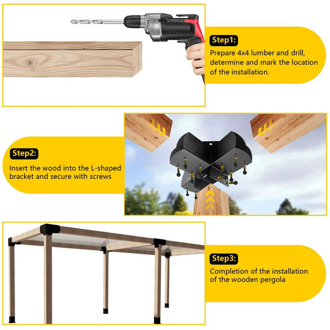 Four Way Right Angle Pergola Corner Brackets For 4x4 Wood Beams With Hardware, Heavy Duty 14 Gauge Steel, Matte Black Outdoor Bracket Set For Gazebos, Outdoor Huts, Cabins And Decks DIY Woodworking