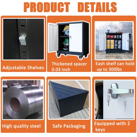 Product details of Heavy Duty Metal Storage Cabinet On Wheels With Locking Doors And Adjustable Shelves, showcasing features