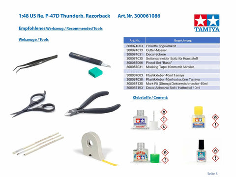 Tools and supplies for 1/48 Scale Republic P-47D Thunderbolt Razorback Model Kit for Aviation Hobbyists shown with product codes.