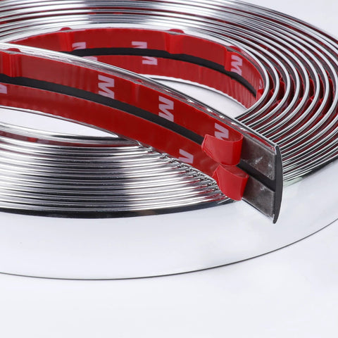 Coiled chrome automotive trim molding with red adhesive backing, 1 in (25 mm) wide, 16 ft long