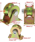 Built Tough 2 Inch V Groove Casters For Sliding Gates Rock Solid Heavy Duty Rigid Wheels Engineered For Inverted Tracks With 660 Lb Load Capacity Set Of 4 Steel Track Rollers dimensions displayed on three casters.