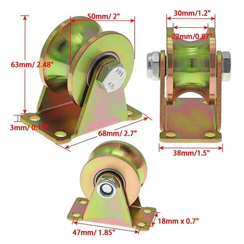 Built Tough 2 Inch V Groove Casters For Sliding Gates Rock Solid Heavy Duty Rigid Wheels Engineered For Inverted Tracks With 660 Lb Load Capacity Set Of 4 Steel Track Rollers dimensions displayed on three casters.