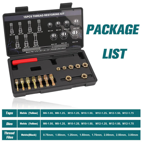 Open Go-To 15-Piece Metric Thread Chaser Set For M6 M8 M10 M12 Thread Restorer Tool Kit showing taps, dies, and file