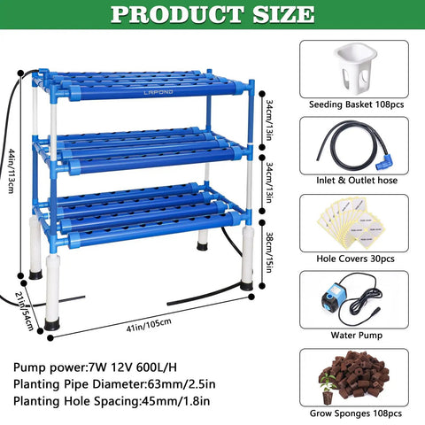 Hydroponics Growing System Kit With 108 Plant Sites For Vegetables Flowers Fruits And Herbs, 3-layer PVC structure.