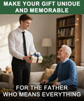 Young man giving a gift to an older man sitting on a couch, labeled "MAKE YOUR GIFT UNIQUE AND MEMORABLE" and "FOR THE FATHER WHO MEANS EVERYTHING"