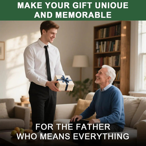 Young man giving a gift to an older man sitting on a couch, labeled "MAKE YOUR GIFT UNIQUE AND MEMORABLE" and "FOR THE FATHER WHO MEANS EVERYTHING"
