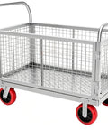 Heavy Duty Foldable Wire Mesh Hand Truck With Dual Ergonomic Handles And Non Slip Base For No Sweat Warehouse Hauling and Bulky Cargo Transport. Featured with a sturdy mesh frame and rubber wheels.