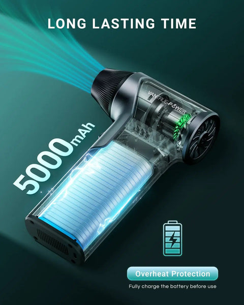 Beast 110000 RPM Cordless Air Duster with 3 Gear Turbo Power, showcasing battery and airflow, for quick cleanup