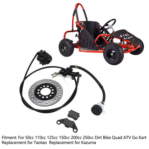 Go-kart hydraulic disc brake kit; includes silver rotor, black caliper, master cylinder with hose, and pads.