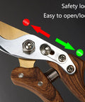 Close-up of Heavy Duty Garden Pruning Shears With Japanese SK4 High Carbon Steel Blade for sharp cuts, wood grain handle, safety lock visible.