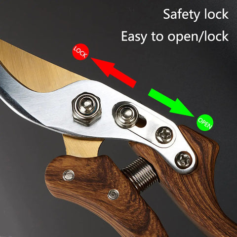 Close-up of Heavy Duty Garden Pruning Shears With Japanese SK4 High Carbon Steel Blade for sharp cuts, wood grain handle, safety lock visible.
