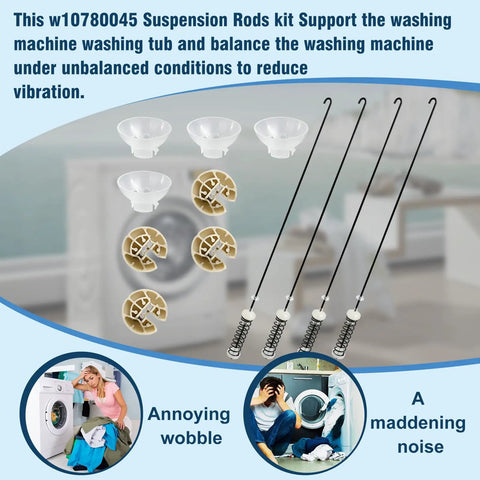 Durable Washer Suspension Rod Kit Replacement For Whirlpool Kenmore Amana Maytag Crosley Inglis, with rods and bushings visible