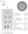 Eight International Adapters Travel Charging Station With Surge Protector And Four Smart USB Ports, showing adapter types.
