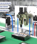 Three Eighths Inch NPT Air Regulator With Gauge And Water Separator Kit installed in a pneumatic system with blue tubing and gauge visible.